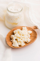 Milk kefir grains in spoon. Yeast bacterial fermentation starter