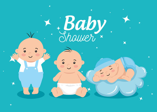 baby shower card with little boys and decoration vector illustration design
