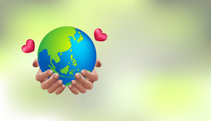 Earth day save our planet concept. Human hands holding globe with bokeh blur background. World environment day. go green. realistic 3d style. greeting , banner, celebration vector illustration