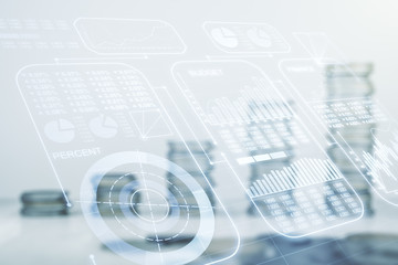 Statistical data on the background of stacks of coins, double exposure