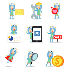 Set character of female blue monster with two cute horns.