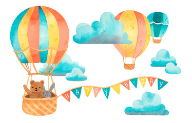 Watercolor bright colorful air transport with cute characters bunny and bear. Various air balloon, aerostat, clouds, flags. Isolated on white background. Happy birthday