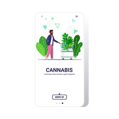 man pushing shopping cart with cannabis marijuana leaves hemp plant ordering drug consumption concept mobile app smartphone screen copy space full length vector illustration
