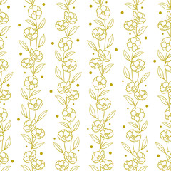 Vector seamless pattern with gold vertical branches and flowers on white background; abstract floral design for fabric, wallpaper, textile, package, wrapping paper, web design.