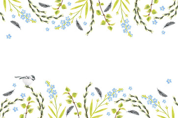 Background and frame with Easter Attributes on a white background. Drawing with colored pencils.