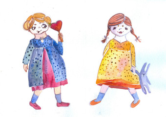 Two isolated watercolor little girls in colorful dresses