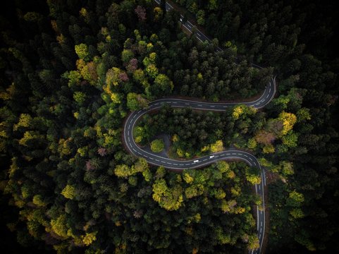 Curvy mountain road winding through a colorful forest in autumn in Bavaria, Germany