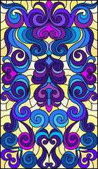 Illustration in stained glass style with abstract  swirls,flowers and leaves  on a yellow background