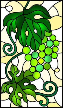 The illustration in stained glass style painting with a bunch of green grapes and leaves on a yellow  background