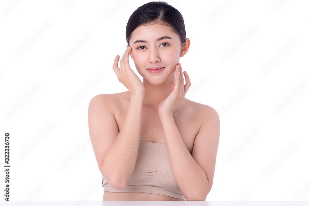 Wall mural portrait beautiful young asian woman clean fresh bare skin concept. asian girl beauty face skincare 