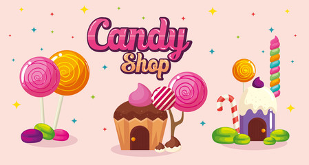 poster of candy shop with homes cupcake and caramels vector illustration design