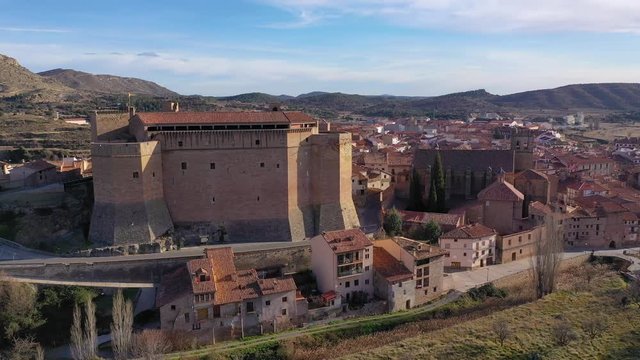 Aerial view of the castle and town walls of medieval Mora de Rubielos in Teruel province Spain