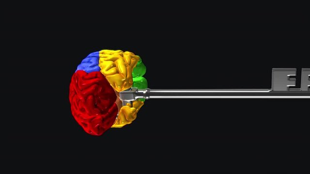 Rotating Magic Skeleton key IV CU - Silver metal with colorful model of mapped human brain, related to knowledge, intelligence, innovation, psychology, dream, hypnosis, wisdom, mystic, fantasy.