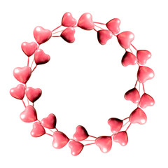 沢山のピンクのハートで作った円の枠と白バックとコピースペース