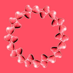 沢山のピンクのハートで作った円とピンクバックとコピースペース