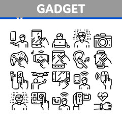 Gadget And Device Collection Icons Set Vector. Smartphone And Tablet, Photo And Video Camera, Drone And Play Joystick Gadget Concept Linear Pictograms. Monochrome Contour Illustrations