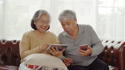 Joyful Senior couple using technology device at home