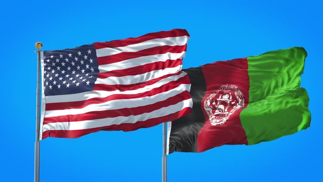 Afghanistan and United States flag waving in deep blue sky together. High Definition 3D Render.