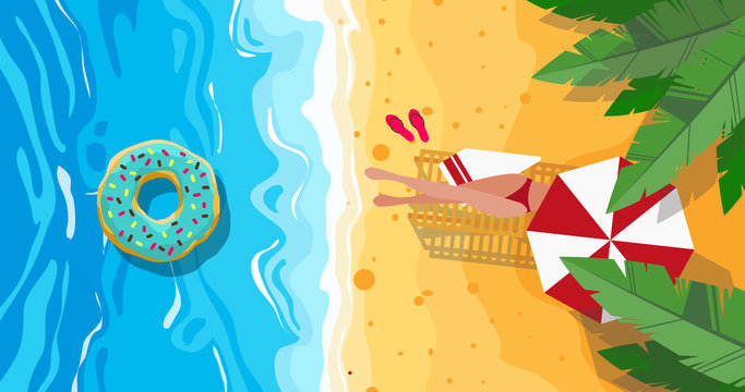 Vector image of a girl's leg lying on a lounger under an umbrella on the sea with an inflatable circle under the leaves of palms