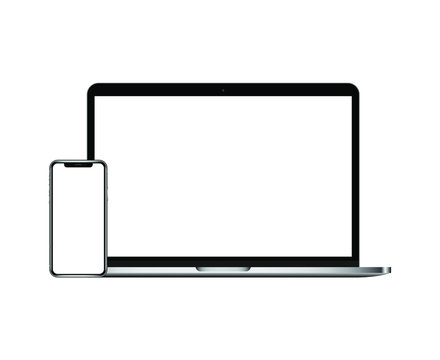 Realistic Computer, Laptop, Tablet and Smartphone with transparent Wallpaper Screen Isolated on white. Set of Device Mockup Separate Groups and Layers. New Easily Editable Vector.