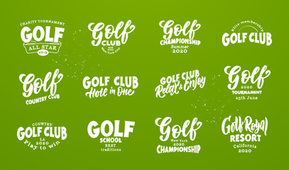 Set of vintage Golf phrases. White emblem, badges, templates and stickers for Golf club, school on green background