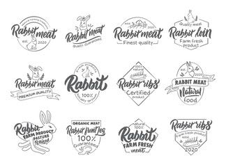 Fototapeta premium Set of vintage Rabbit and meat emblems and stamps. Farm meat badges, templates and stickers isolated on white background.