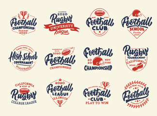 Set of vintage Football emblems and stamps. Sport colorful badges, templates and stickers for Football club, school, league