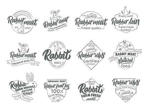 Set of vintage Rabbit and meat emblems and stamps. Farm meat badges, templates and stickers isolated on white background.