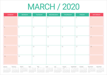 March 2020 desk calendar vector illustration