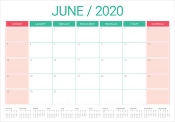 June 2020 desk calendar vector illustration