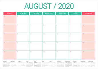 August 2020 desk calendar vector illustration