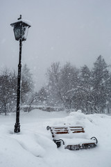 Snowfall. City landscape. Large snowdrifts in a city park.