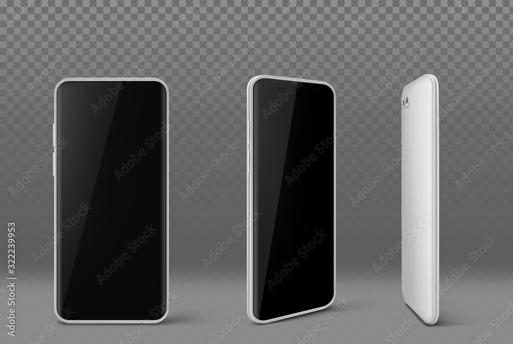 Wall mural white mobile phone front and angle view isolated on transparent background. vector realistic mockup 