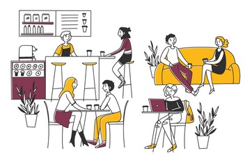People sitting in cafe, drinking coffee and working on laptops vector illustration. Men and women coworking and chatting in coffeehouse. Barista serving coffee to customers. Coffeeshop interior