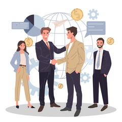 Global business partnership flat vector illustration. International teamwork, negotiation and success concept. Two partners shaking hands and making agreement.