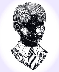 Hand drawn portrait of a youngman with a space face where there planets and stars. 