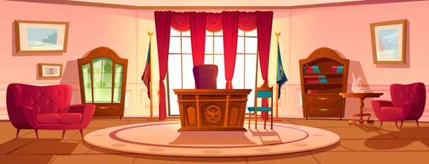 Oval office in White house daytime. Vector cartoon empty interior of american presedent cabinet with vintage wooden furniture, leather chair, retro desk and flag of USA