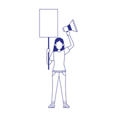 angry woman holding a megaphone and blank sign, flat design