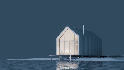 The project of a modern small cottage house in Scandinavian eco-friendly Northern style with a high roof on the lake in white materials with daylight, 3D illustration 3D rendering. Stock illustration © ParamePrizma
