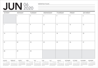 June 2020 desk calendar vector illustration