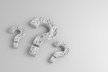 A plurality of thin filaments intertwined in the shape of a question mark on white background. 3D illustration.