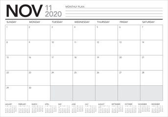 November 2020 desk calendar vector illustration