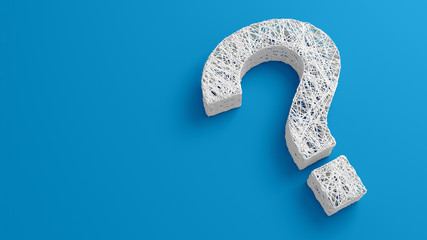 A set of thin thread intertwined in the shape of a question mark on a blue background. 3D illustration.