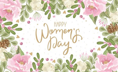 Women Day greeting card with hand drawn flowers background. Text lettering for 8 March Woman holiday.  Vector template with lettering design and hand draw texture. Design for card, poster, flyer.