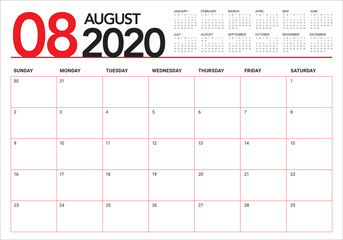 August 2020 desk calendar vector illustration