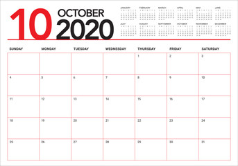 October 2020 desk calendar vector illustration