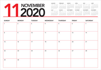 November 2020 desk calendar vector illustration