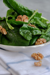 Close up view of raw spinach salad with walnuts