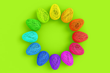 Obraz na płótnie Canvas Easter concept. On a green background, a lot of eggs are woven from a lot of intertwined colored bright threads laid out in a circle with an empty space in the center . 3D stock illustration.