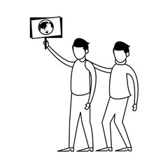 young men protesting with earth planet in label characters